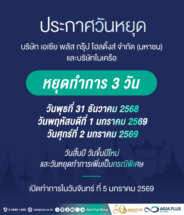 ประกาศวันหยุดทำการ  บริษัทหลักทรัพย์จัดการกองทุน แอสเซท พลัส จำกัด